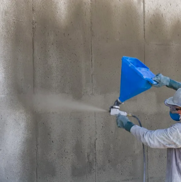 Crystalline waterproofing being spray applied to a concrete wall