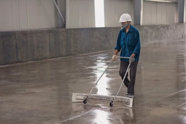 Liquid sealer applied to a concrete floor slab